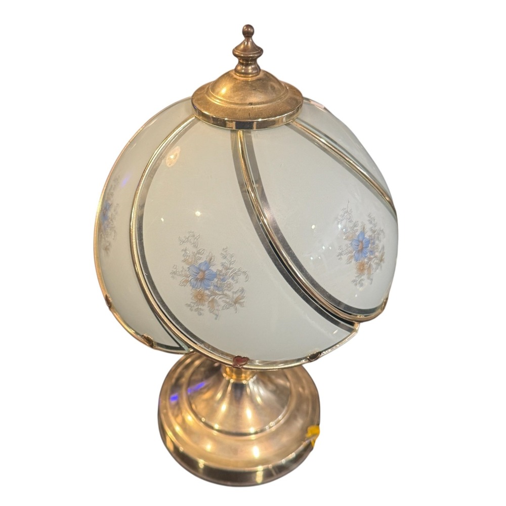 Vintage Brass Floral Touch Lamp Frosted Glass Heart Detail Blue Flowers 14.5"